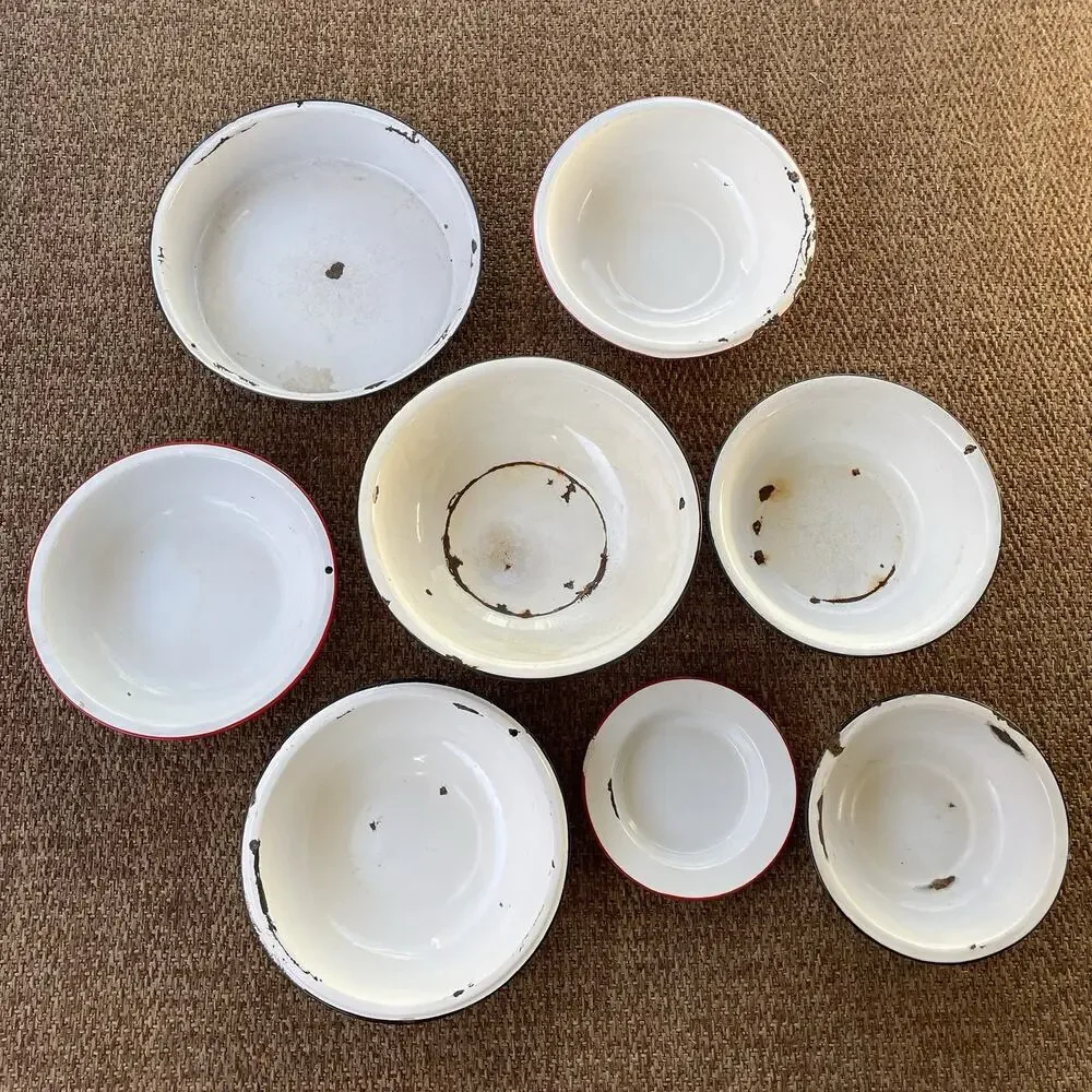 Vintage Enamel Bowl Lot Of 8 White Large Various Size Metal Serving Ware
